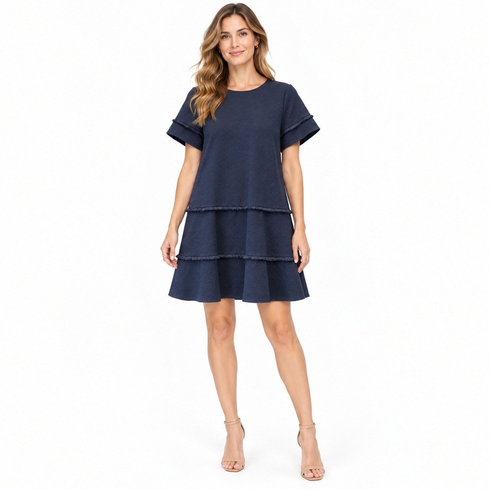 Marie Oliver Jillian Cotton Tiered Fringe Shift Dress Womens L Navy Blue Mini